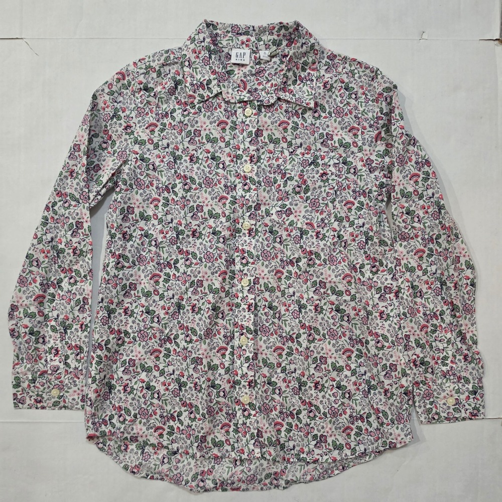Gap Kids Girls Floral Button Up Shirt Ivory Frost Pink Purple Size Medium 8